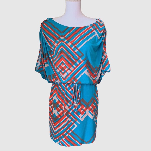 JESSICA SIMPSON BLUE GEOMETRIC DRESS - Picture 14 of 16